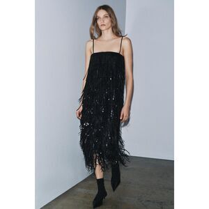 ZARA ZW COLLECTION LIMITED EDITION SEQUIN FRINGE MIDI DRESS – BLACK (S)
